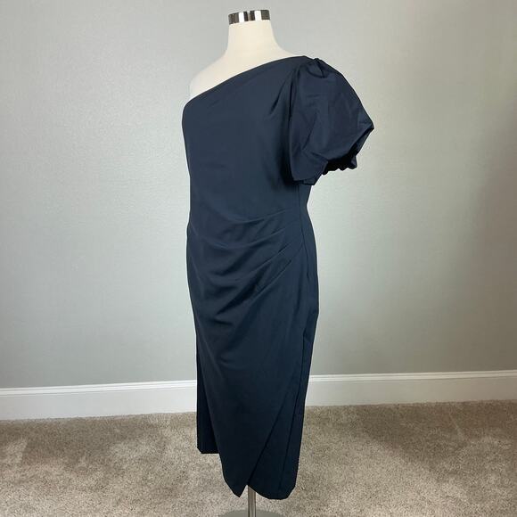 Ralph Lauren Women's Cocktail Dress Size 18 Blue Crepe One Shoulder Midi Sheath - Picture 4 of 13